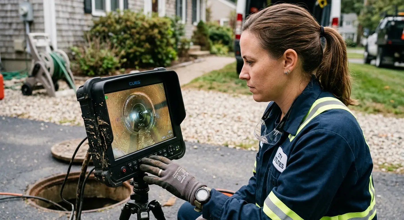 Technician reviewing sewer camera inspection footage in Uniontown