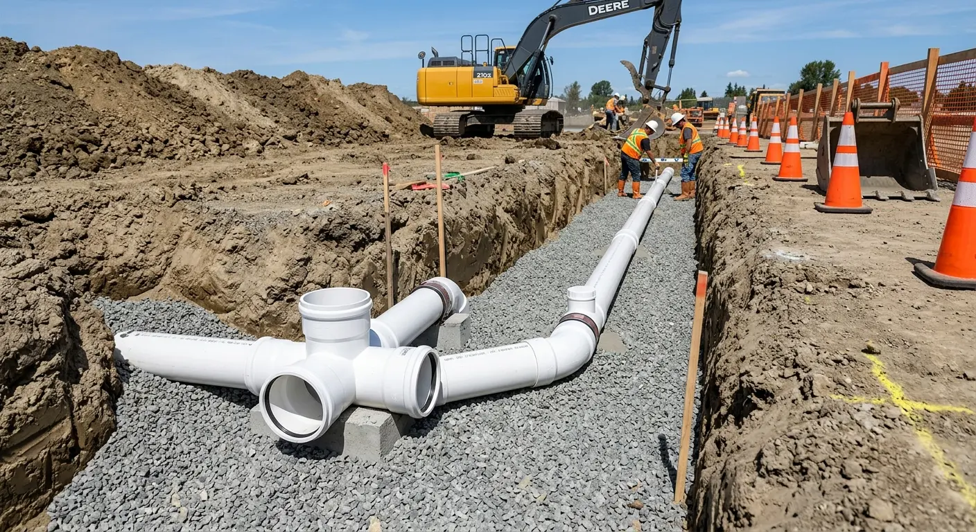 New PVC sewer pipe installation in open trench for Sewer Backup in Uniontown