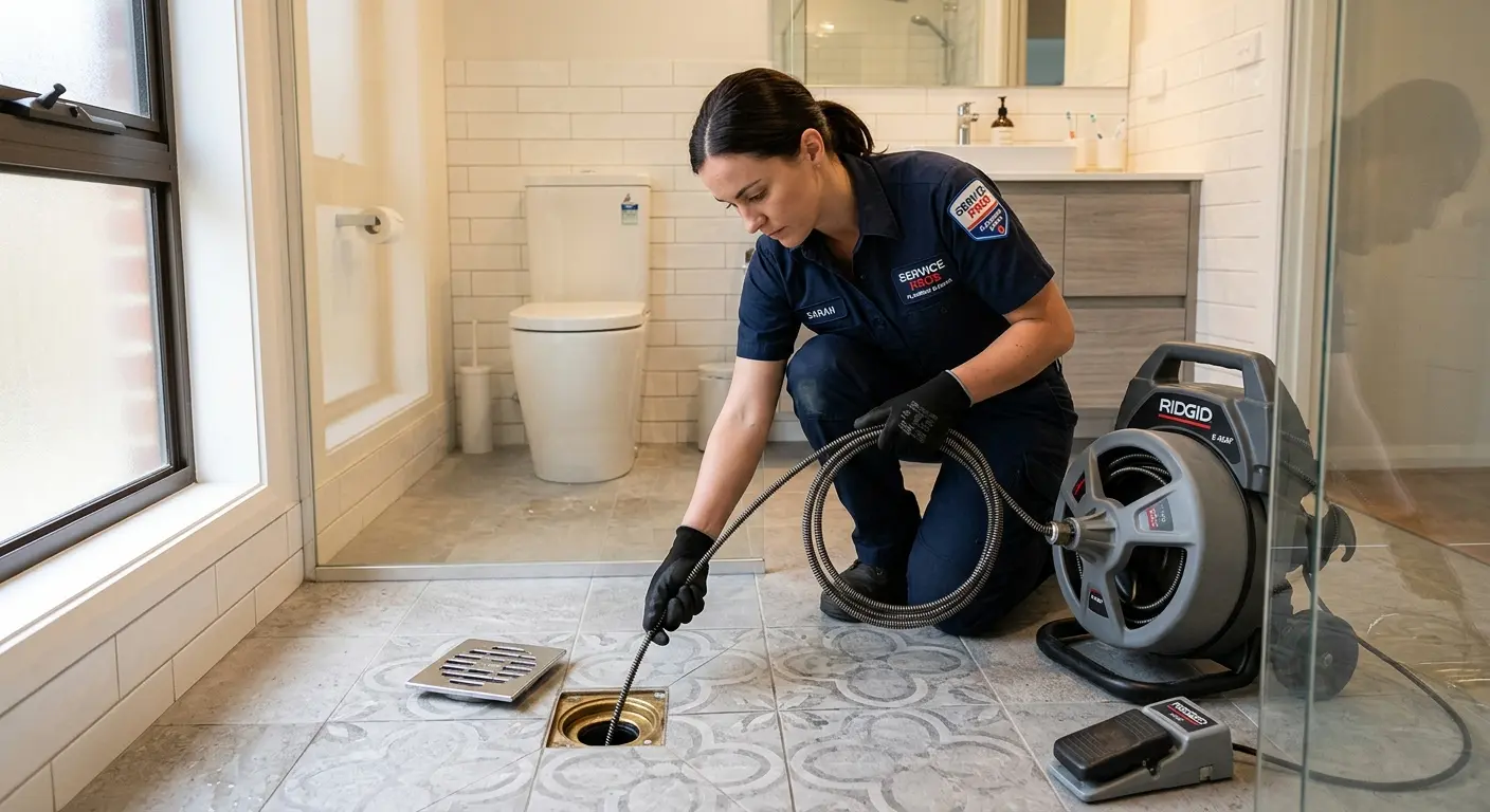 Technician clearing a bathroom floor drain for Drain Cleaning in Uniontown